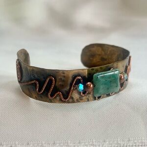 Artisan‎ Cuff Bracelet Brass Copper Ocean Green Chrysocolla Cabochon 💥SALE💥